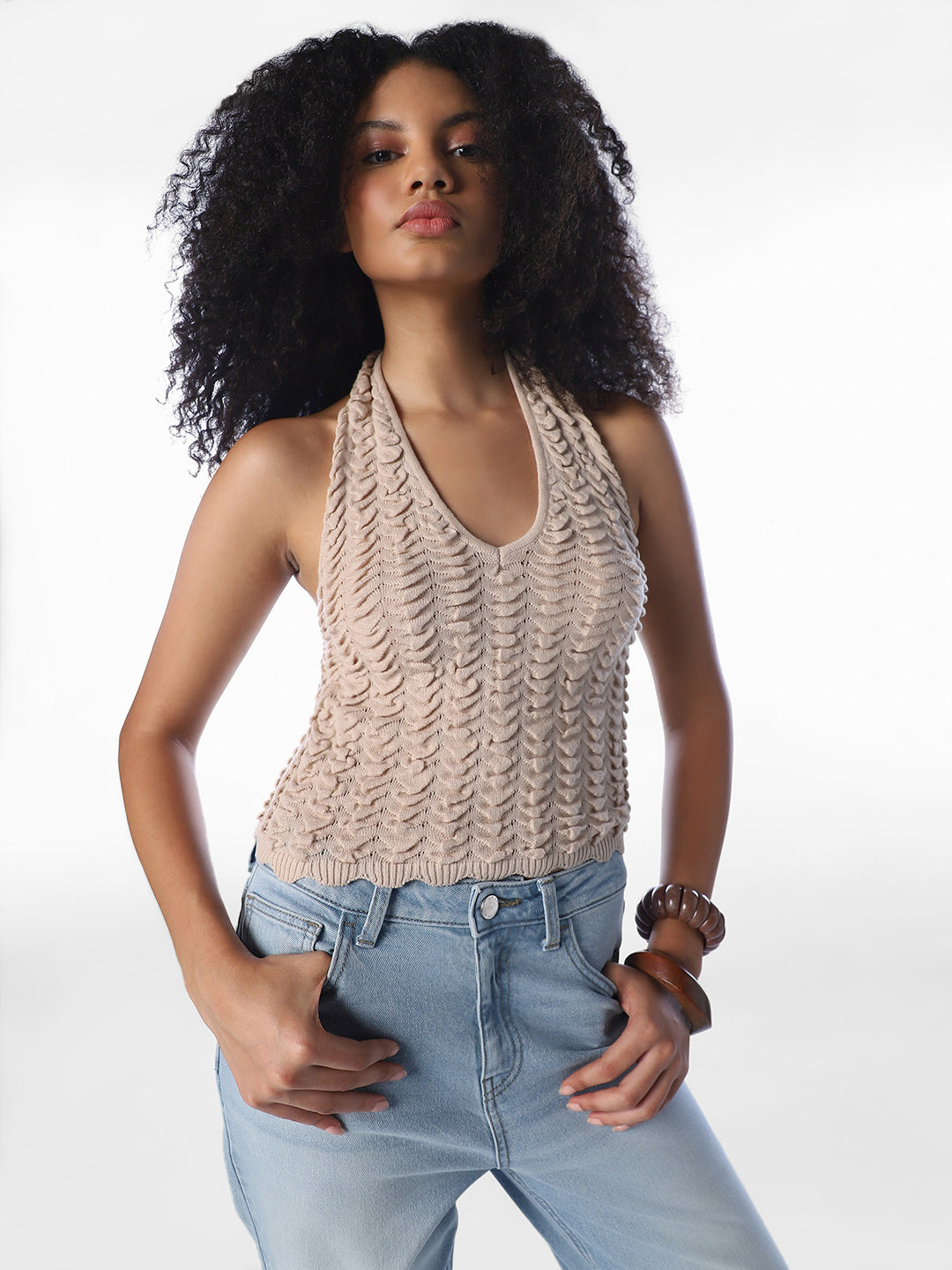 Beige Halter Neck Knit Top