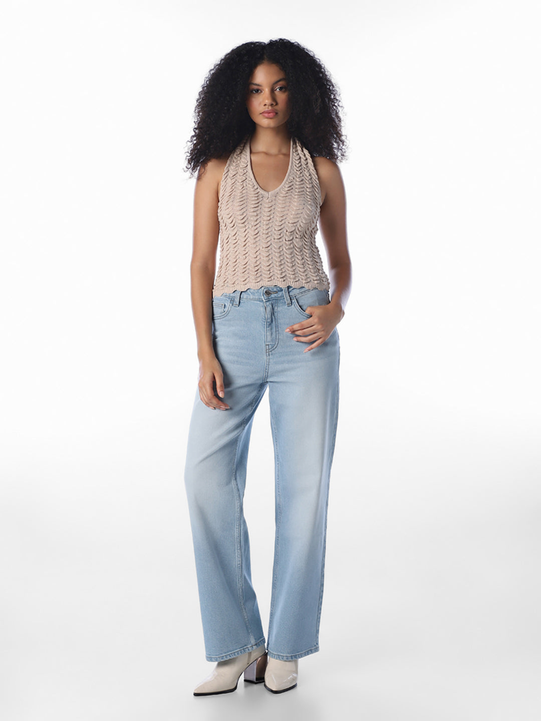 Beige Halter Neck Knit Top