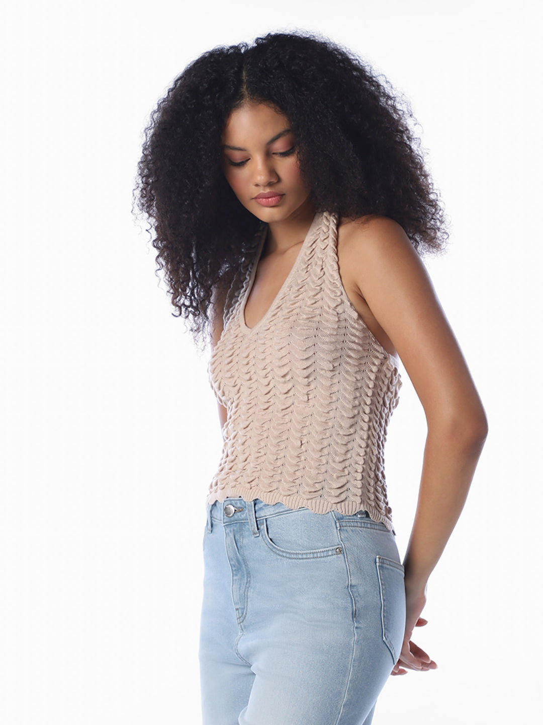 Beige Halter Neck Knit Top