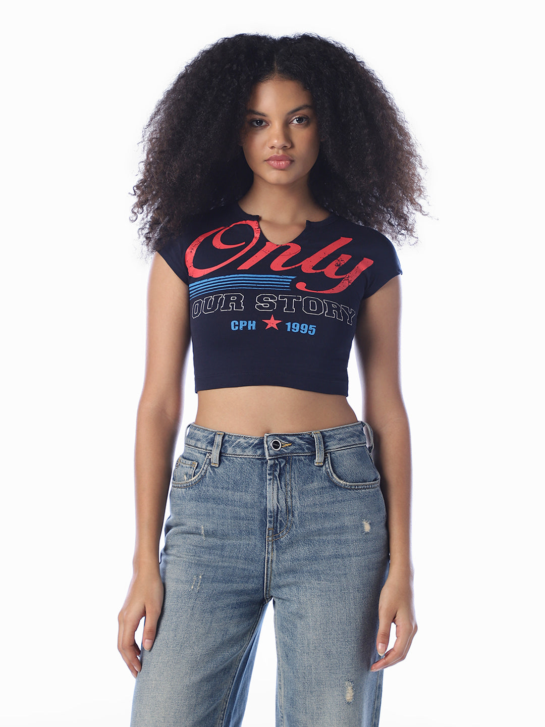 Blue Printed Cropped T-Shirt