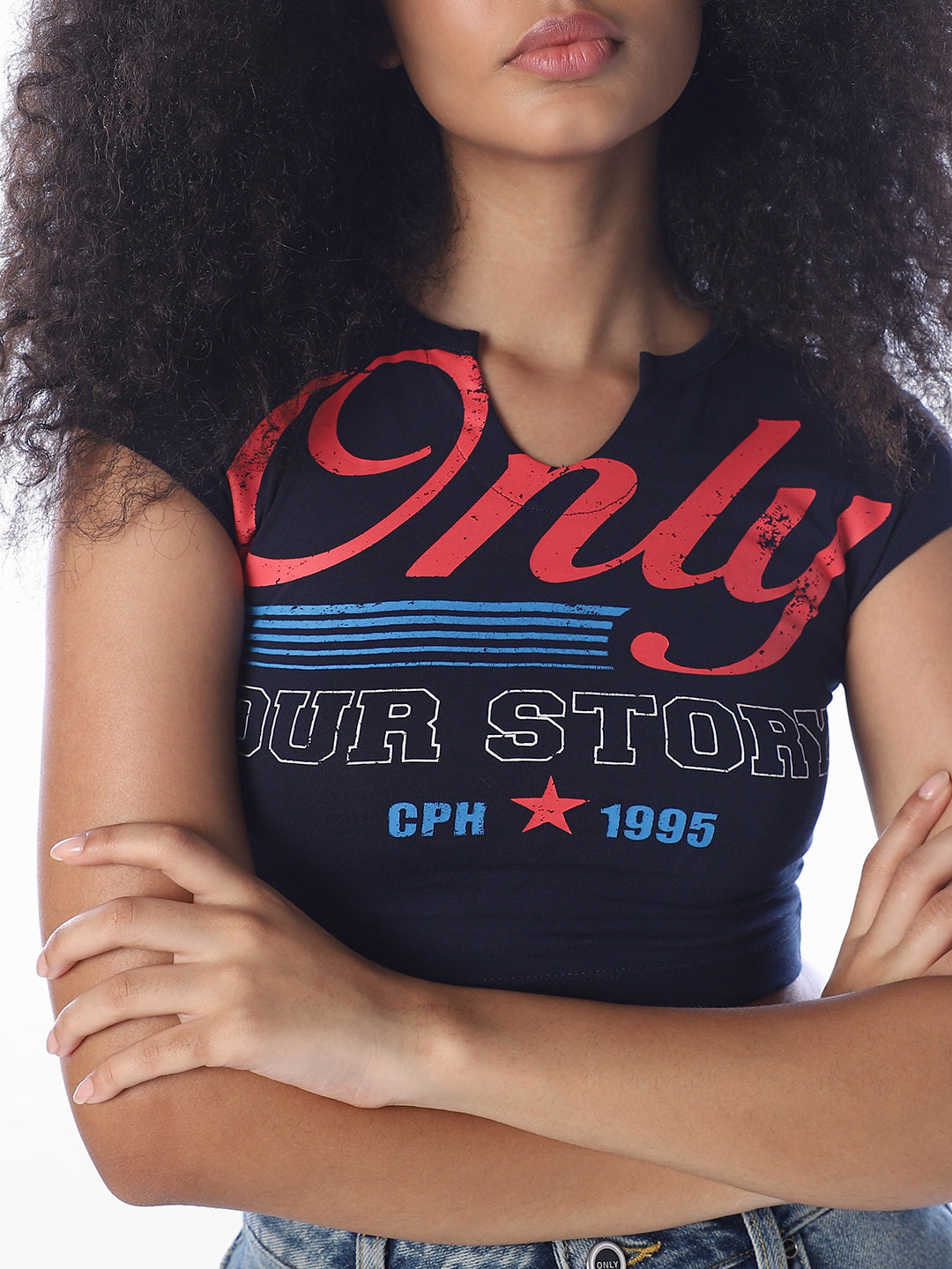 Blue Printed Cropped T-Shirt