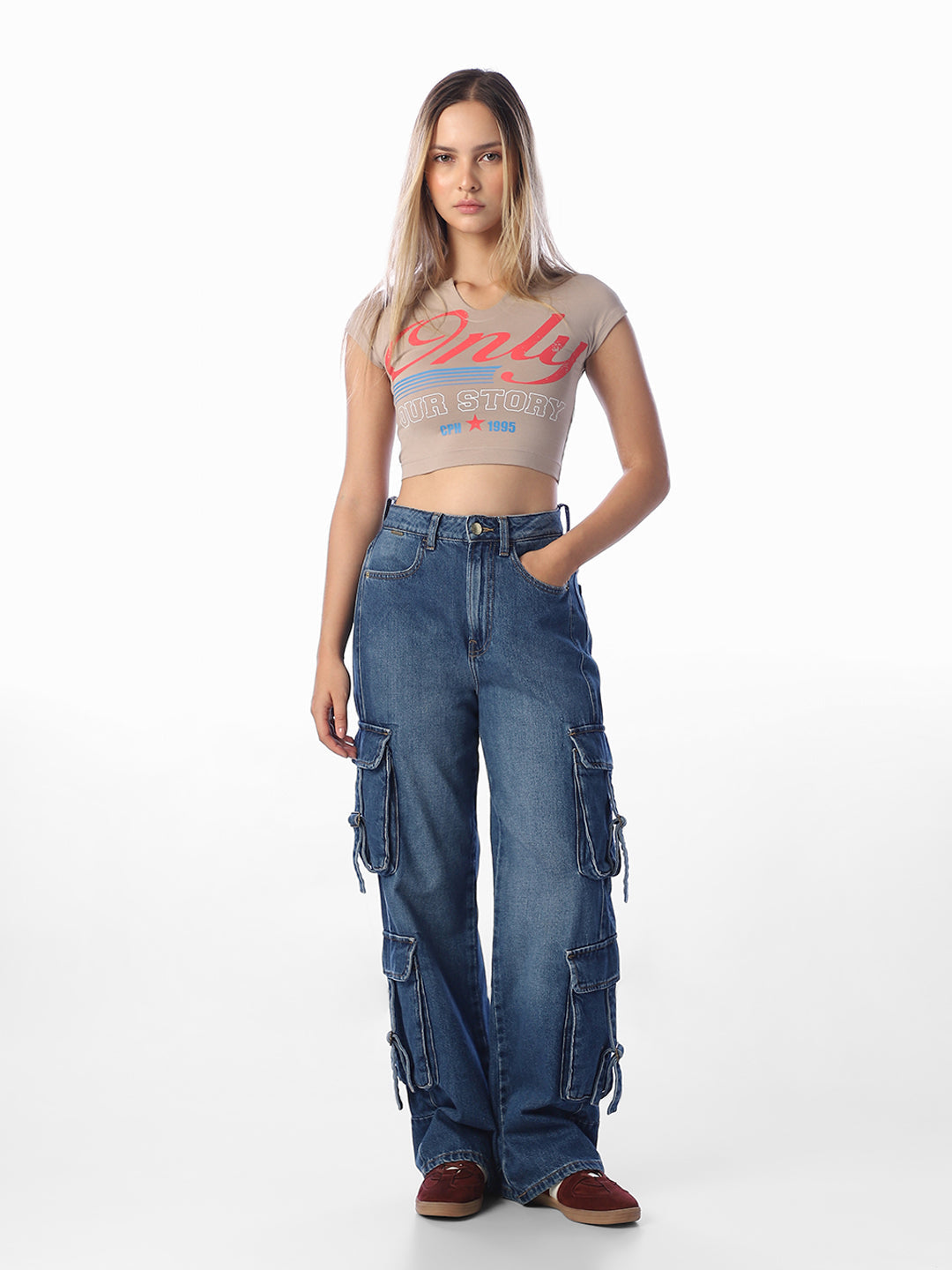 Beige Printed Cropped T-Shirt