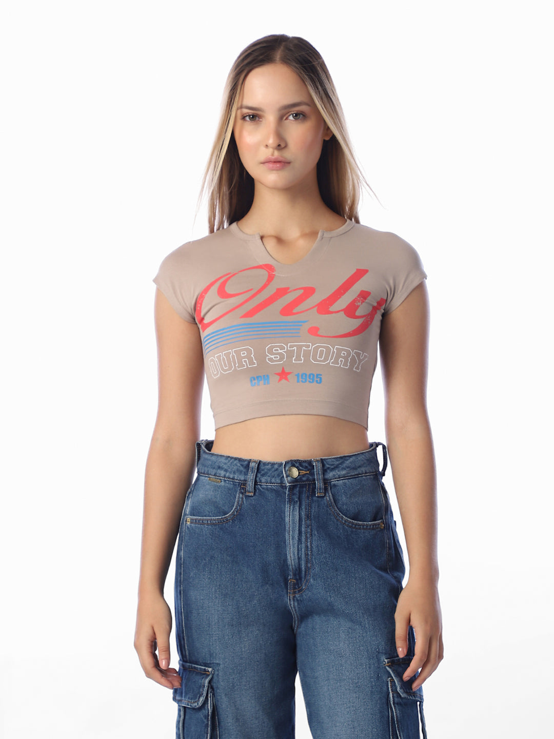 Beige Printed Cropped T-Shirt