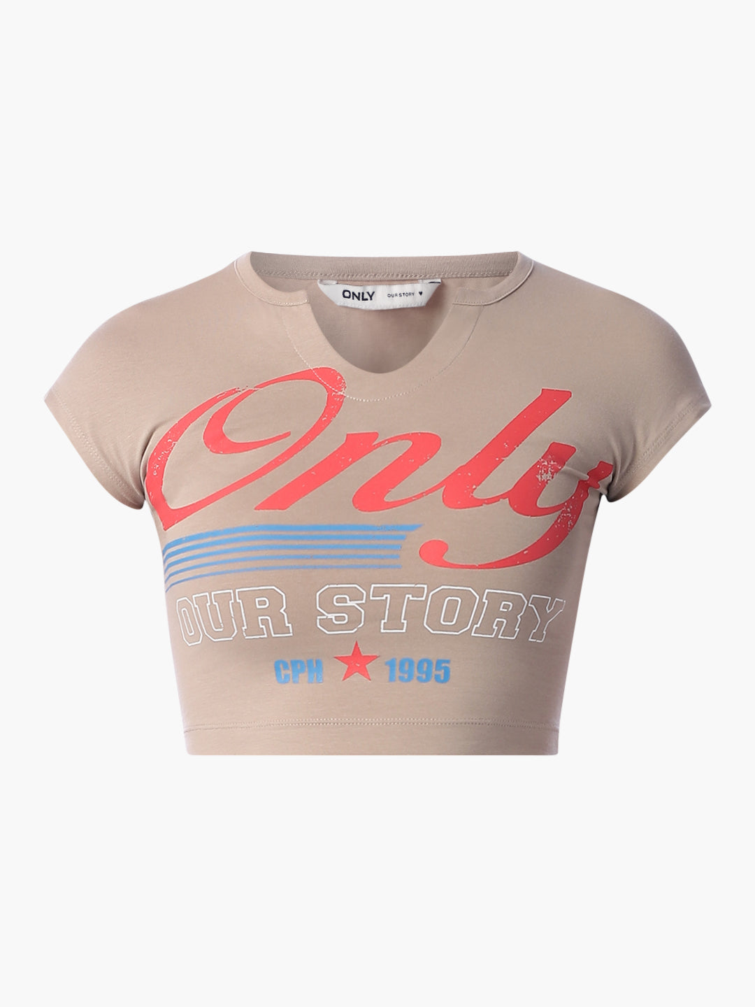 Beige Printed Cropped T-Shirt