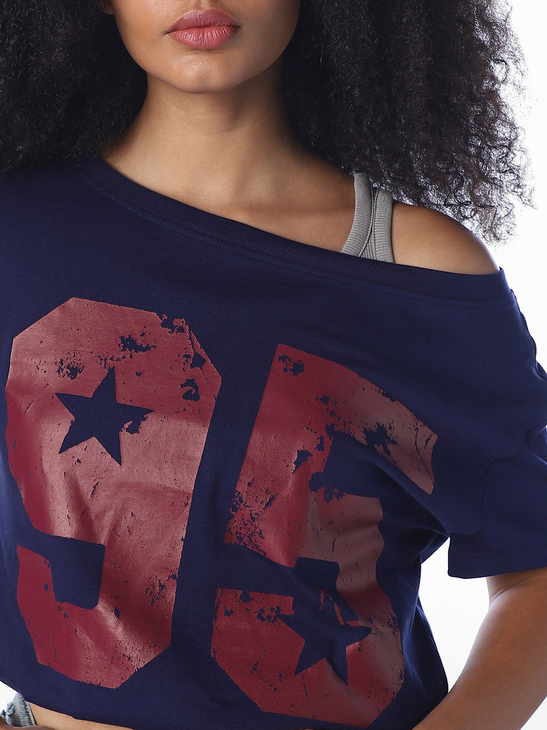Navy Blue Printed Cropped T-Shirt