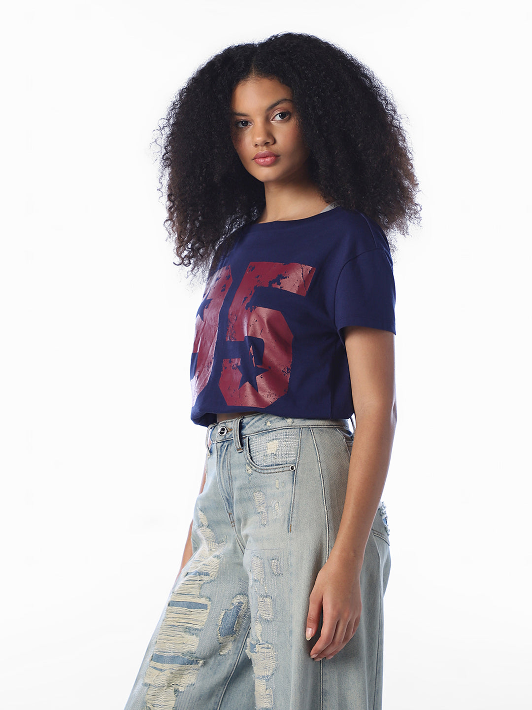 Navy Blue Printed Cropped T-Shirt