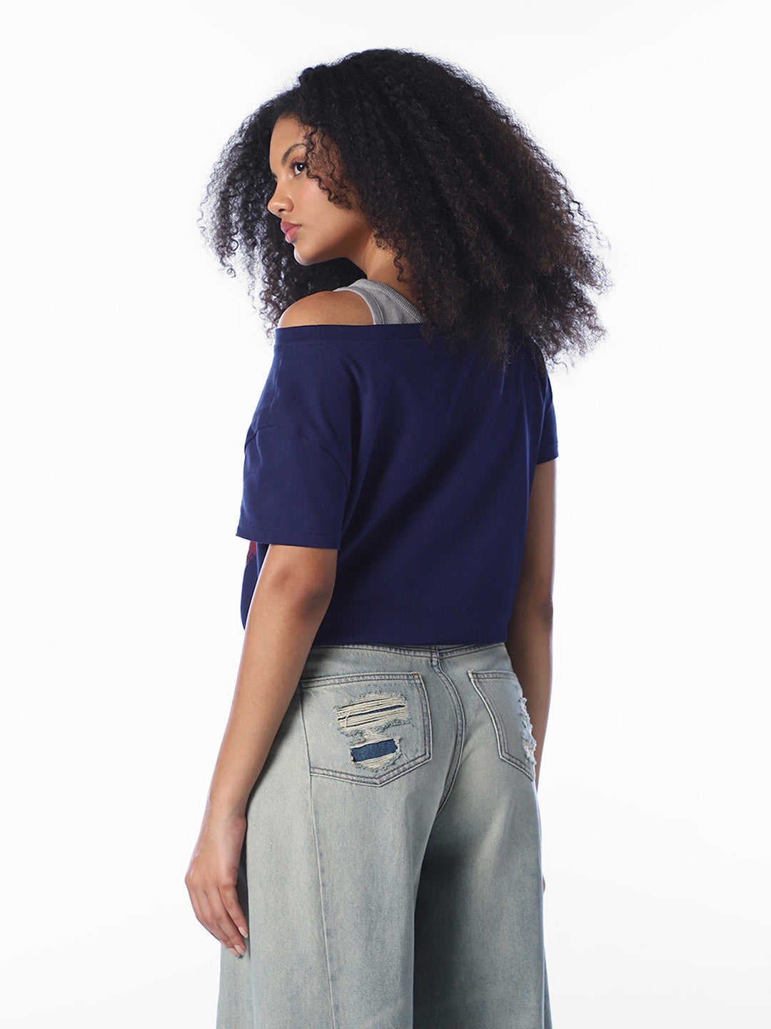Navy Blue Printed Cropped T-Shirt