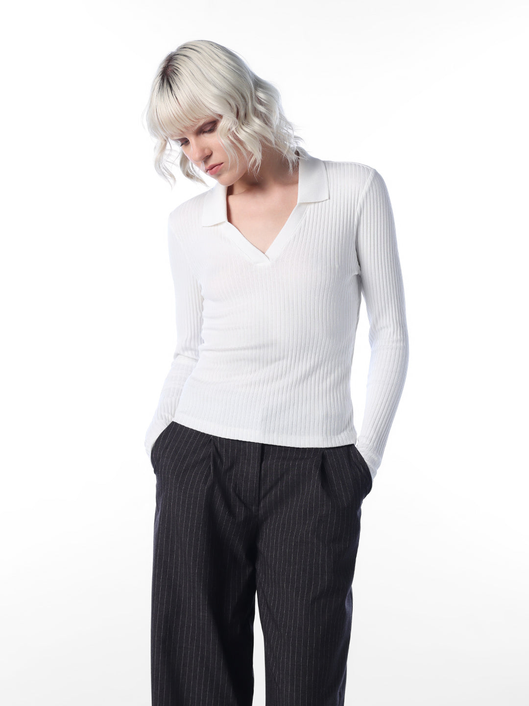 White Ribbed Polo Knit Top