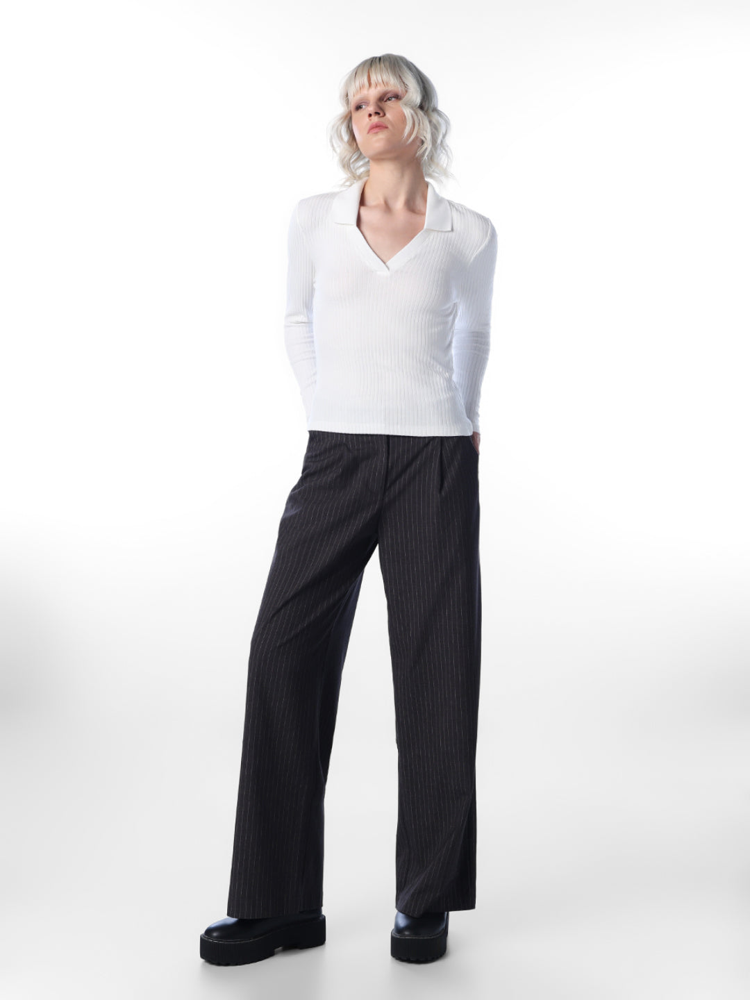 White Ribbed Polo Knit Top