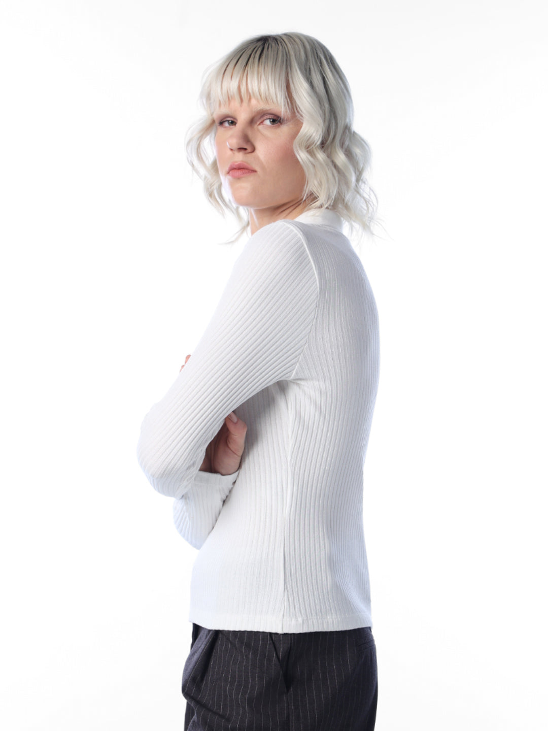White Ribbed Polo Knit Top