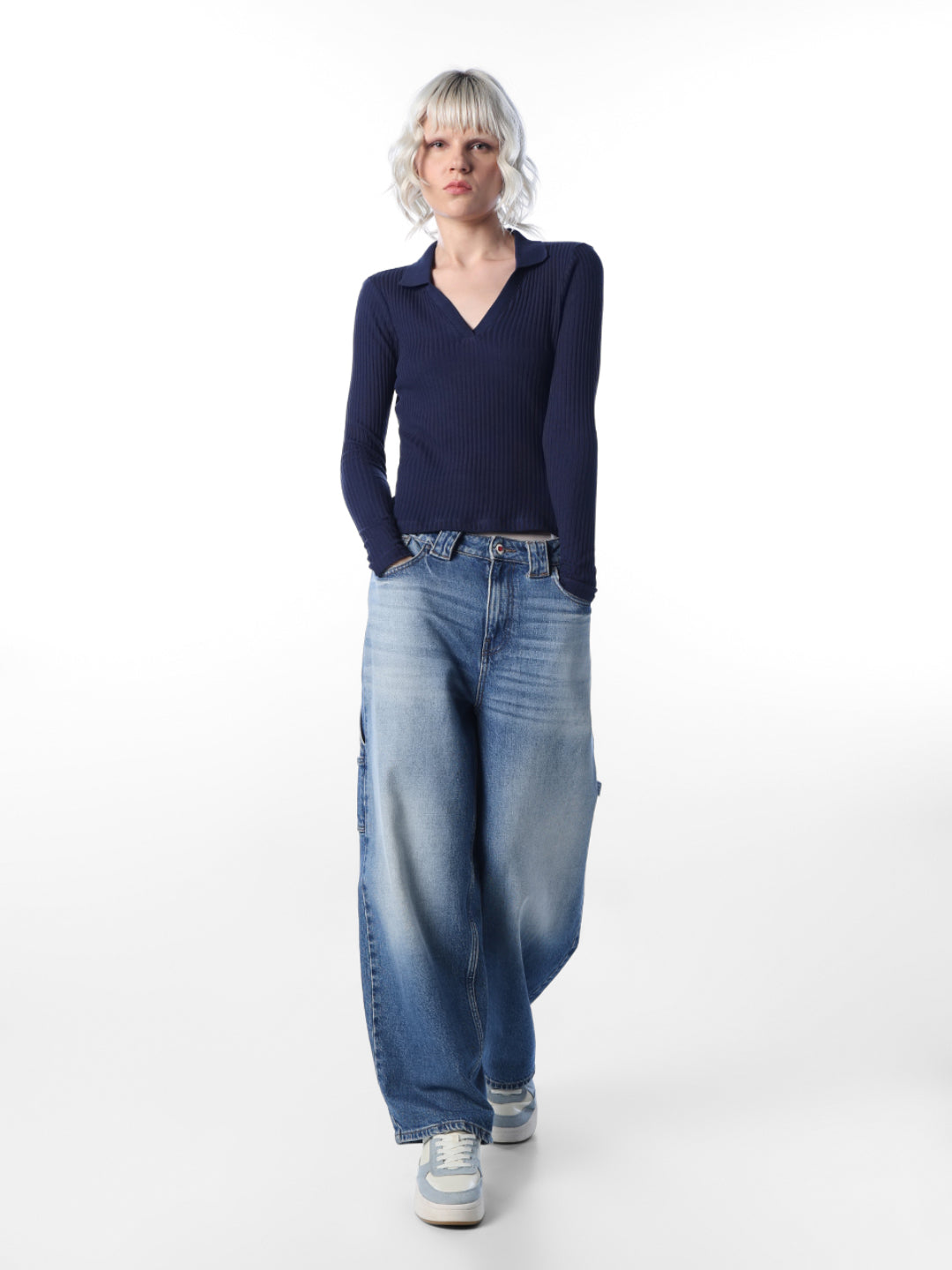 Navy Ribbed Polo Knit Top