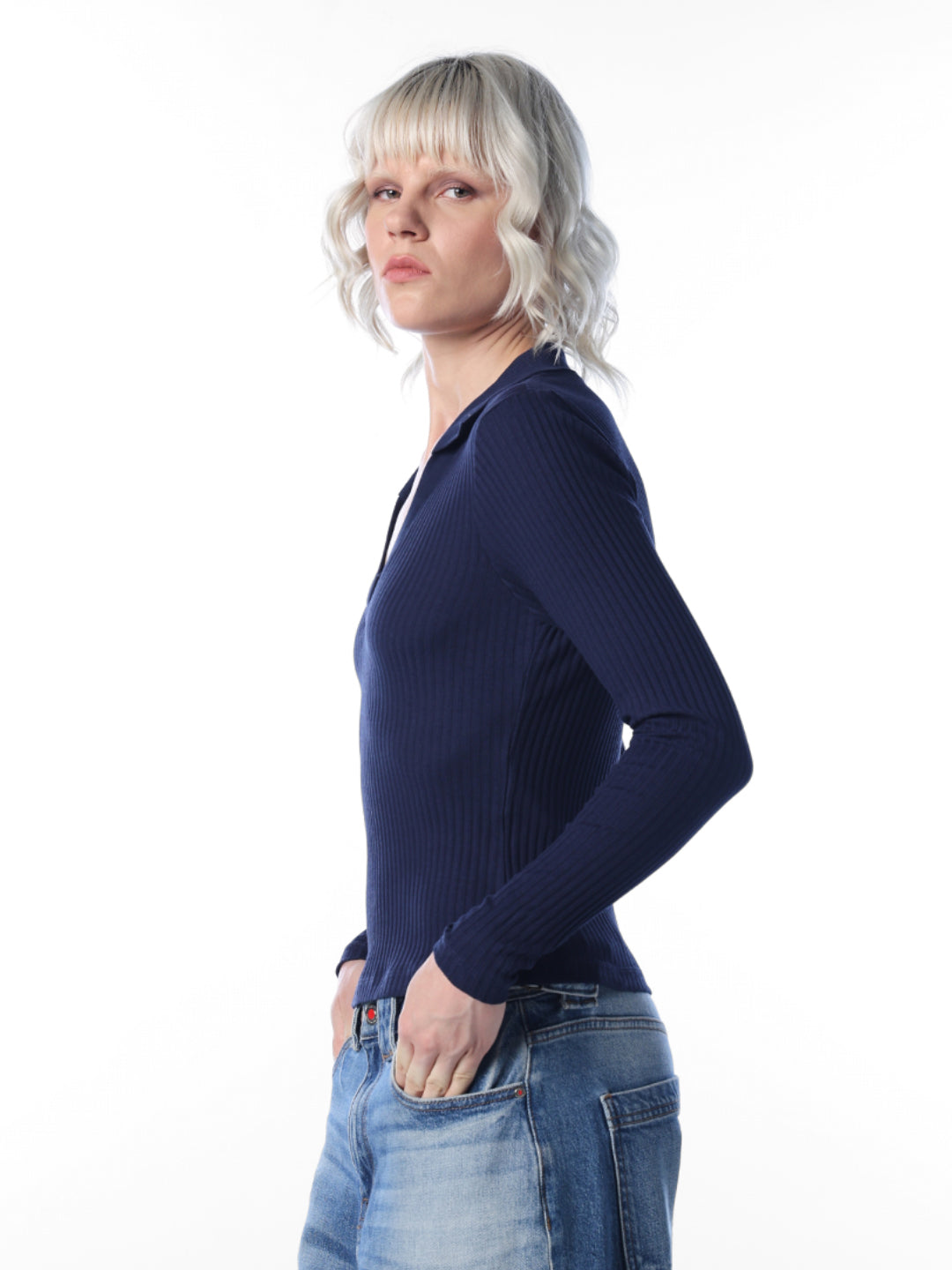 Navy Ribbed Polo Knit Top