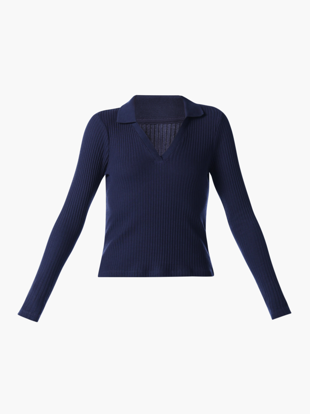 Navy Ribbed Polo Knit Top