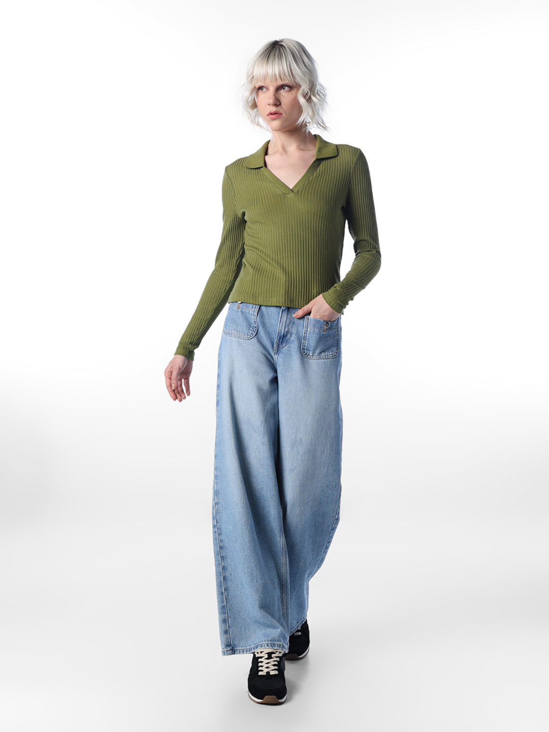 Green Ribbed Polo Knit Top