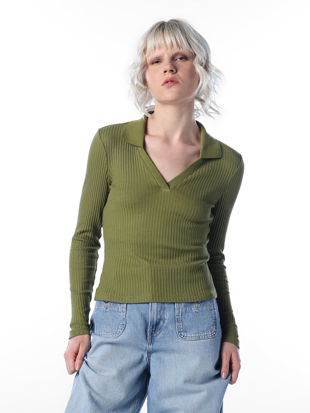 Green Ribbed Polo Knit Top