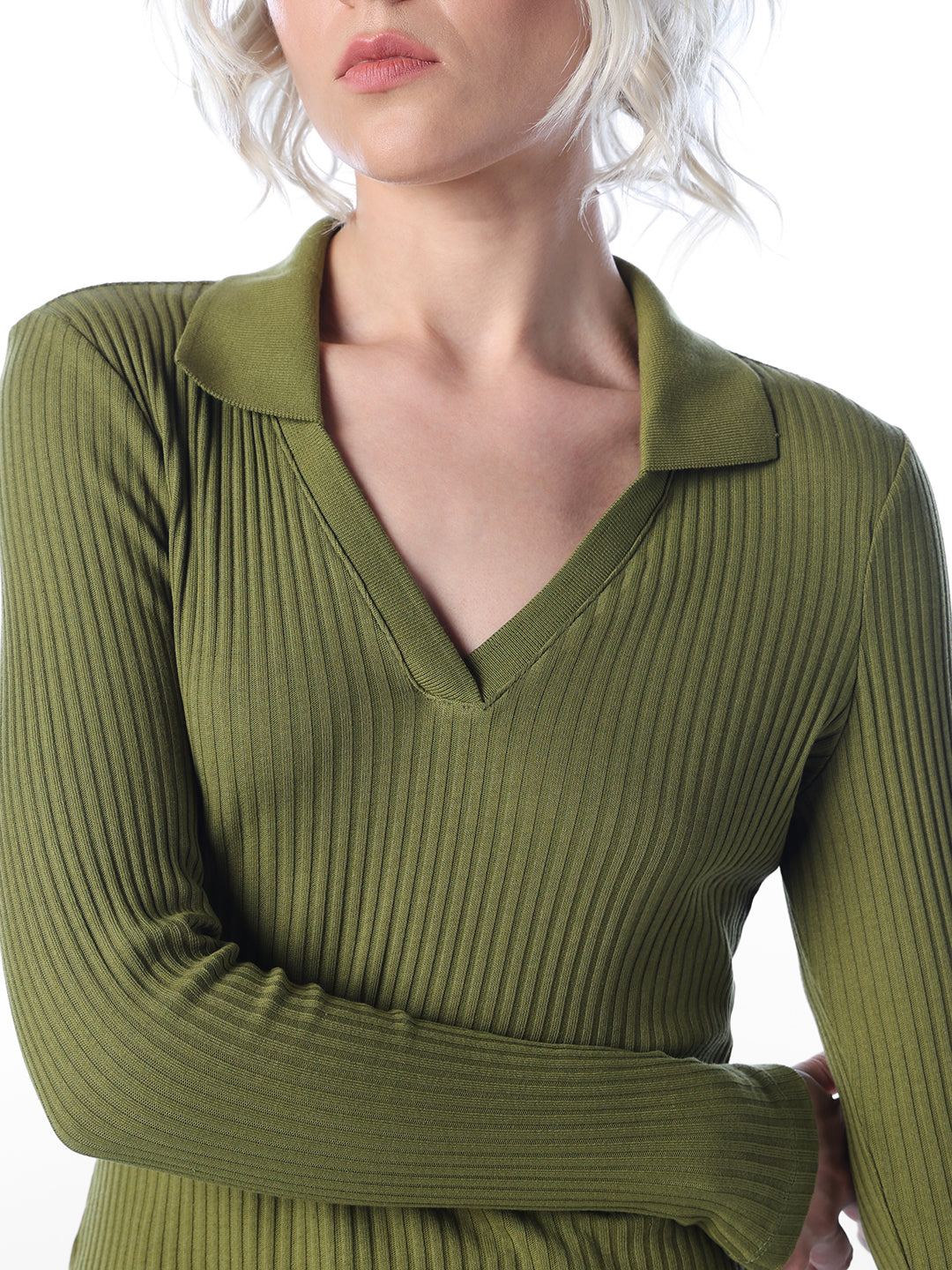 Green Ribbed Polo Knit Top
