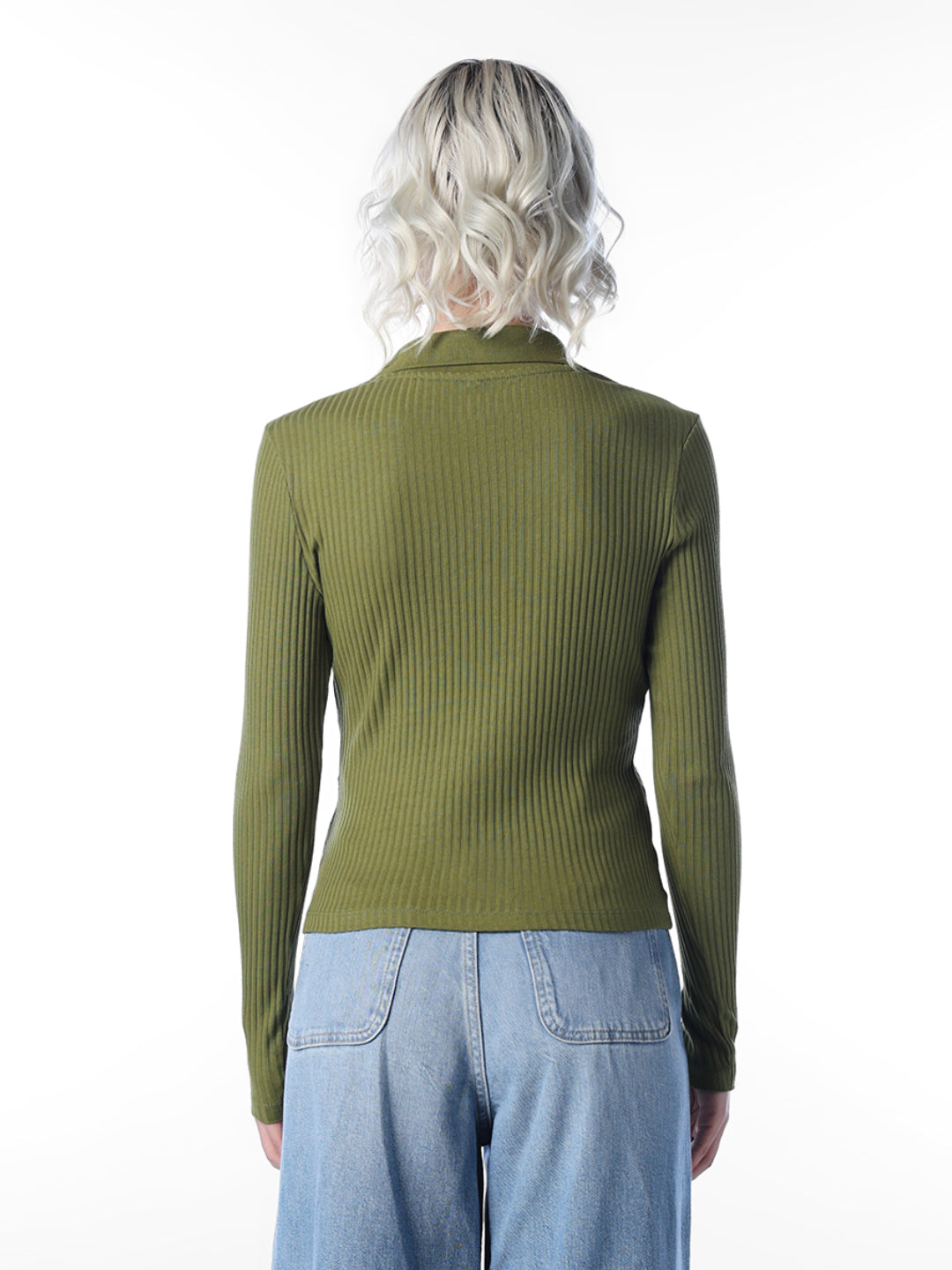 Green Ribbed Polo Knit Top