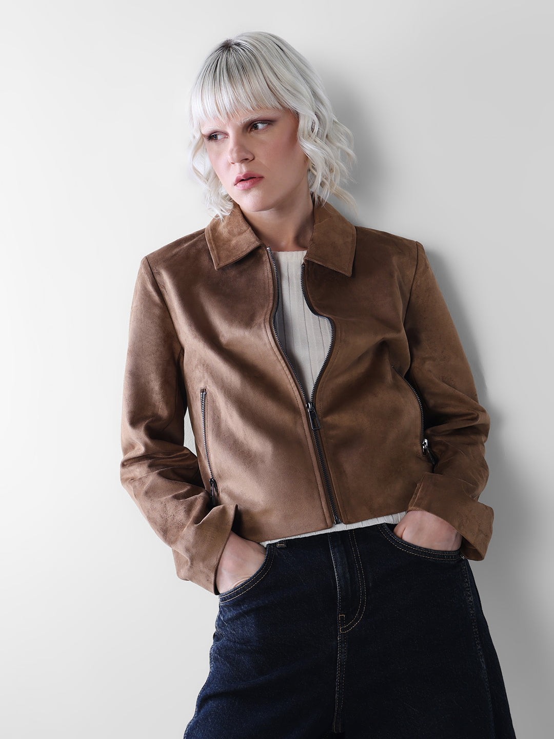 Brown FAUX SUEDE ZIP JACKET