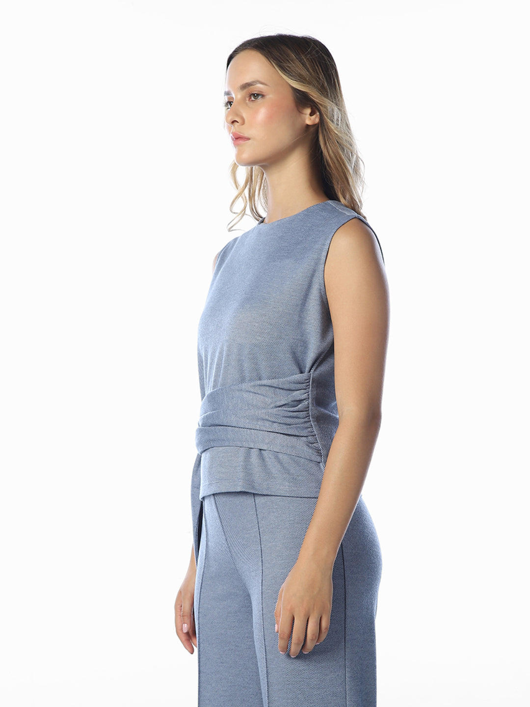 Blue Belted Sleeveless Top