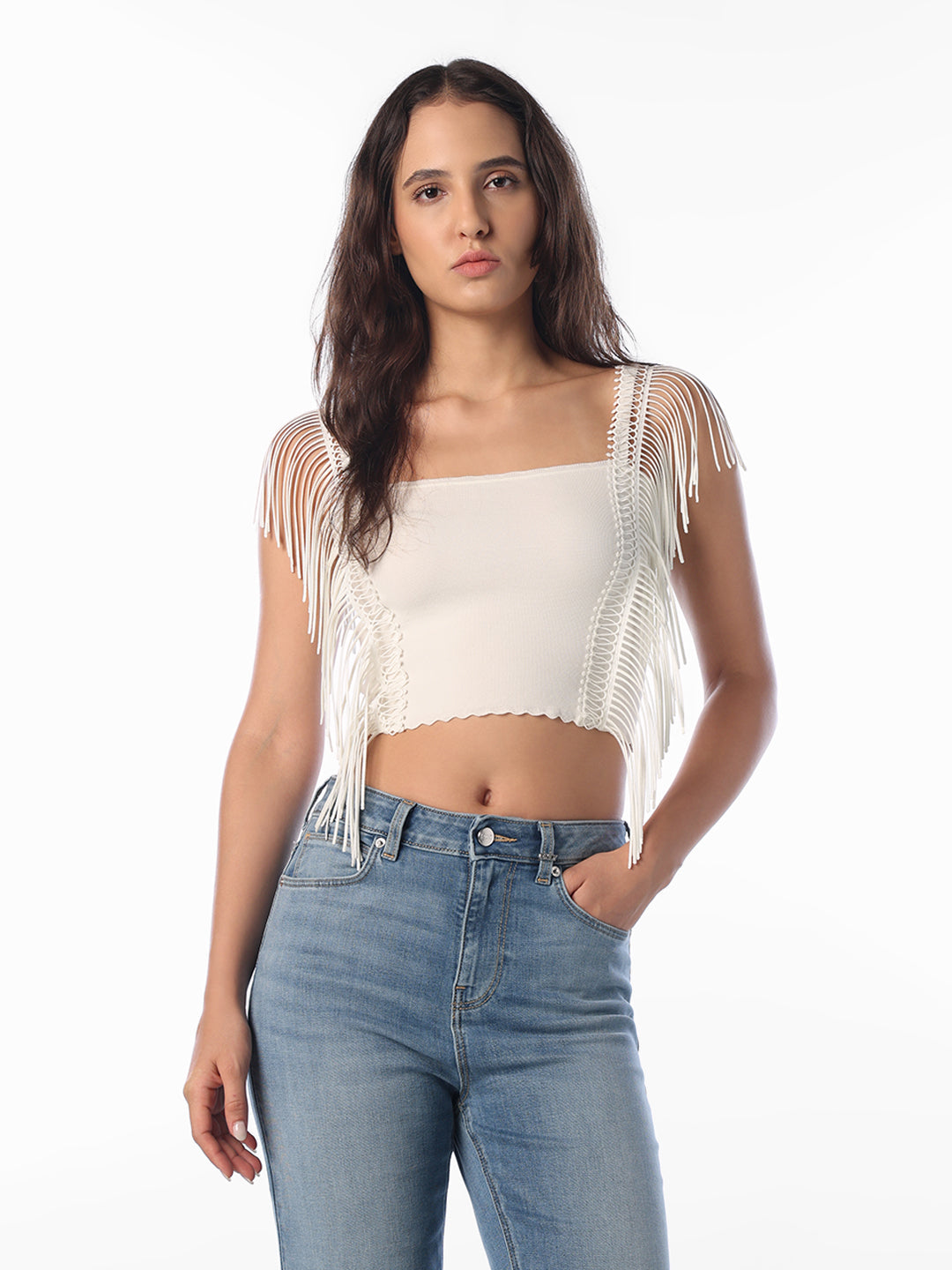 White Fringe Crop Top