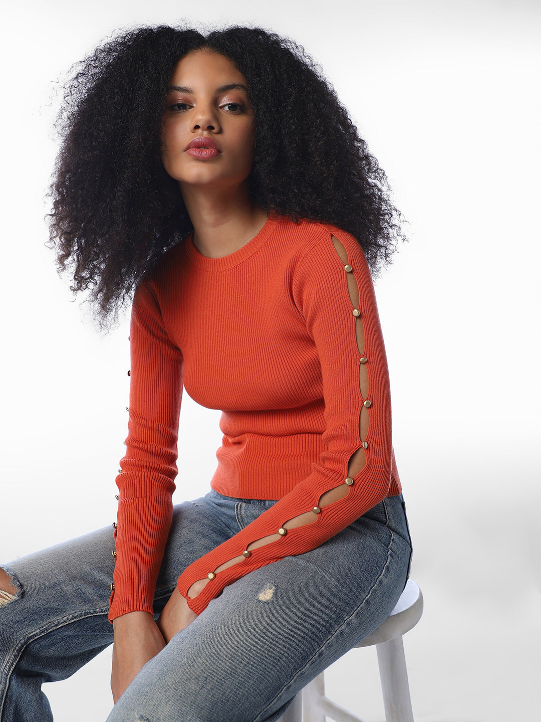 Orange Embellished Knit Top