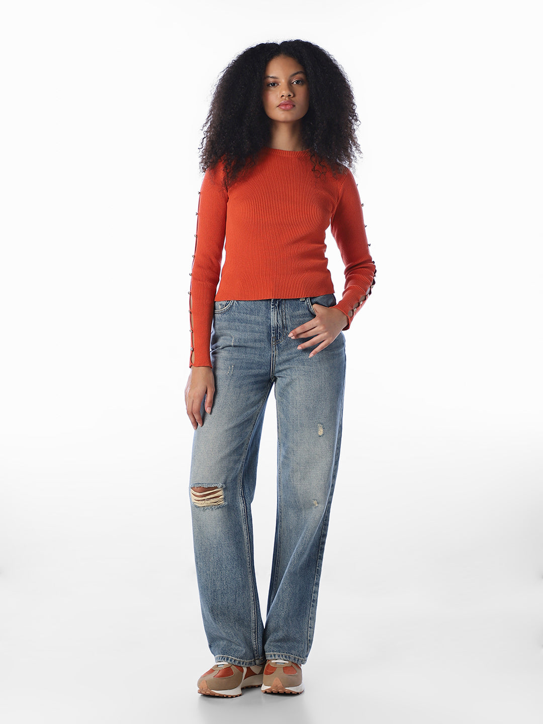 Orange Embellished Knit Top