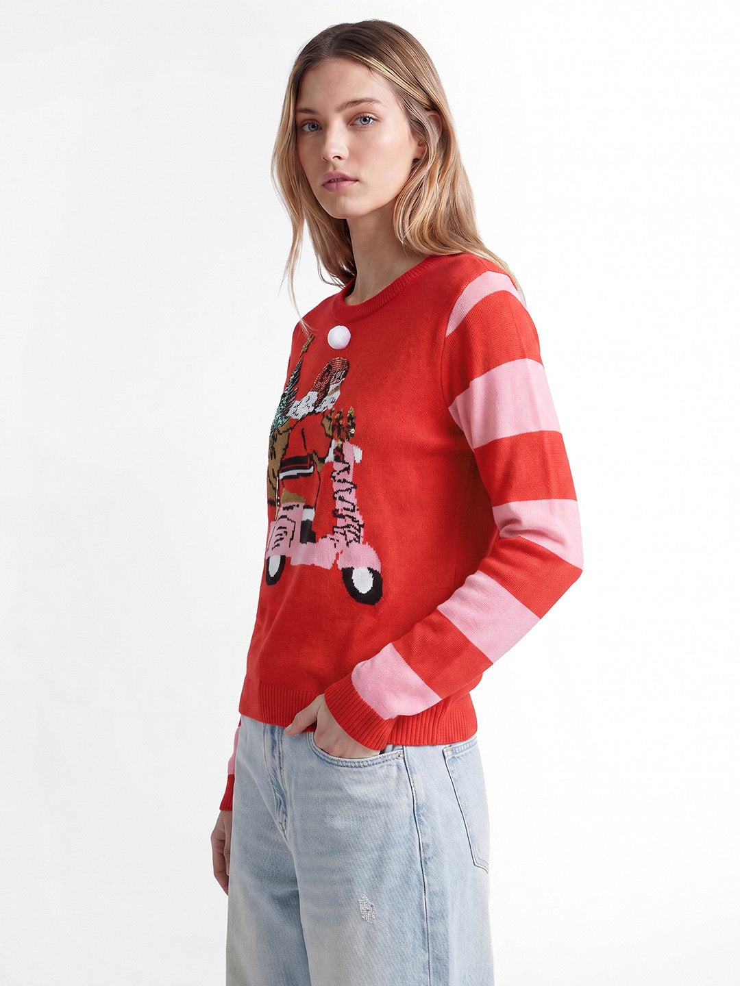 Santa Print O-Neck Pullover