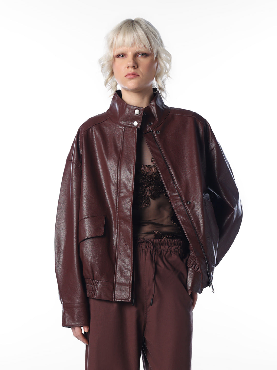 Brown Faux Leather Relaxed Fit Jacket
