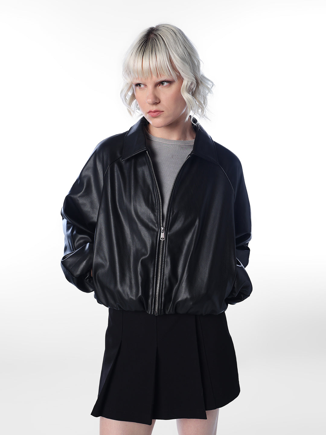 Black Faux Leather Bomber Jacket
