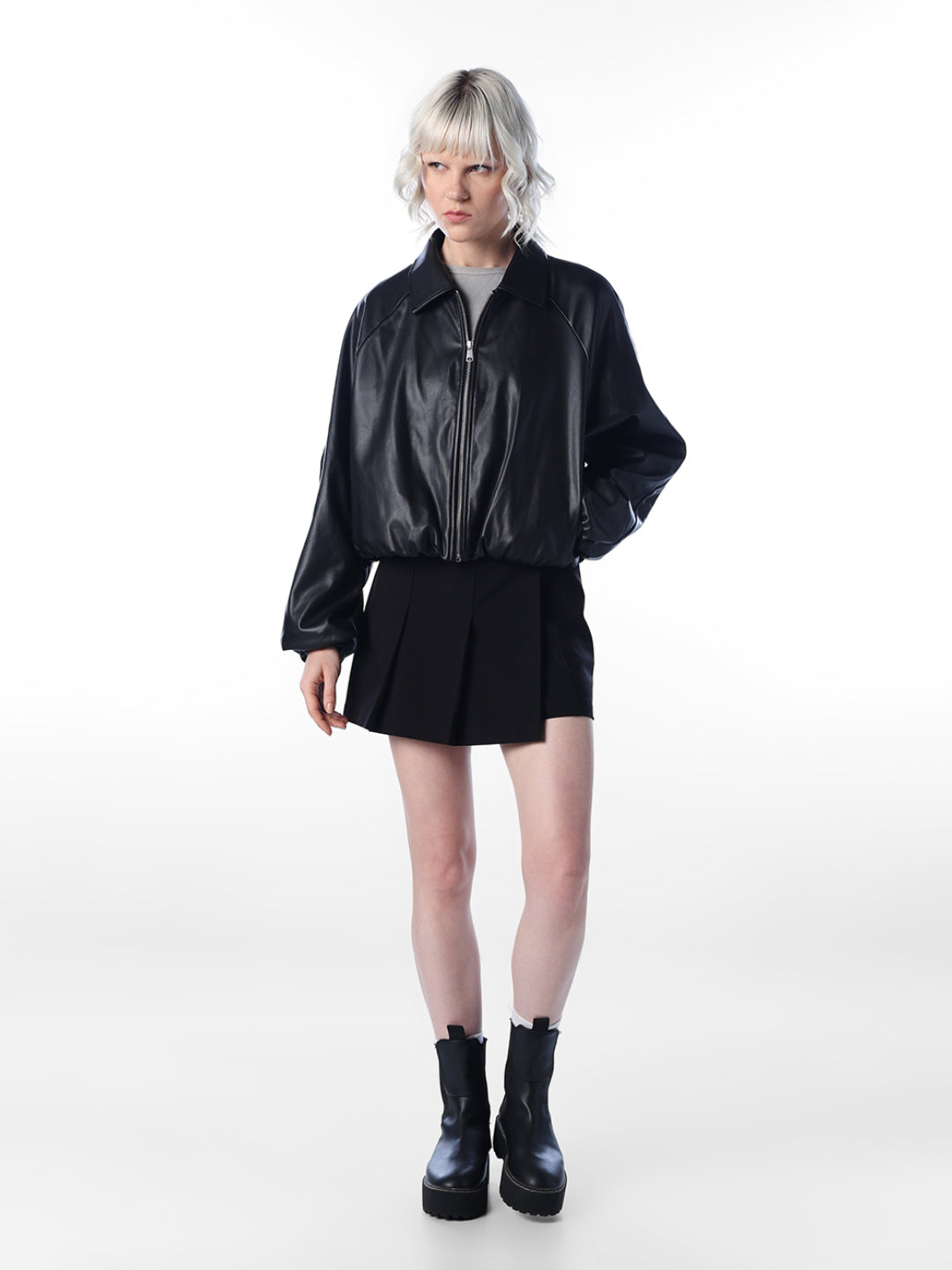Black Faux Leather Bomber Jacket