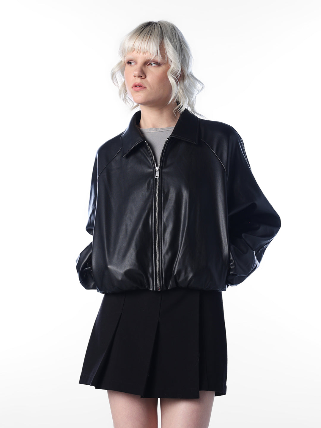 Black Faux Leather Bomber Jacket