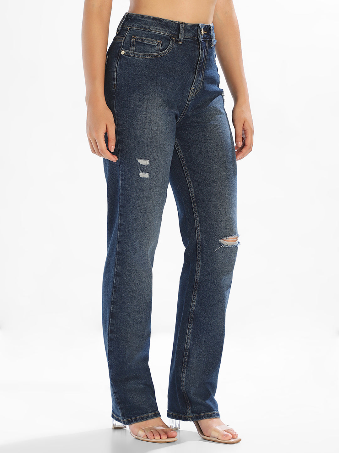 Dark Blue Distressed Straight Fit Jeans