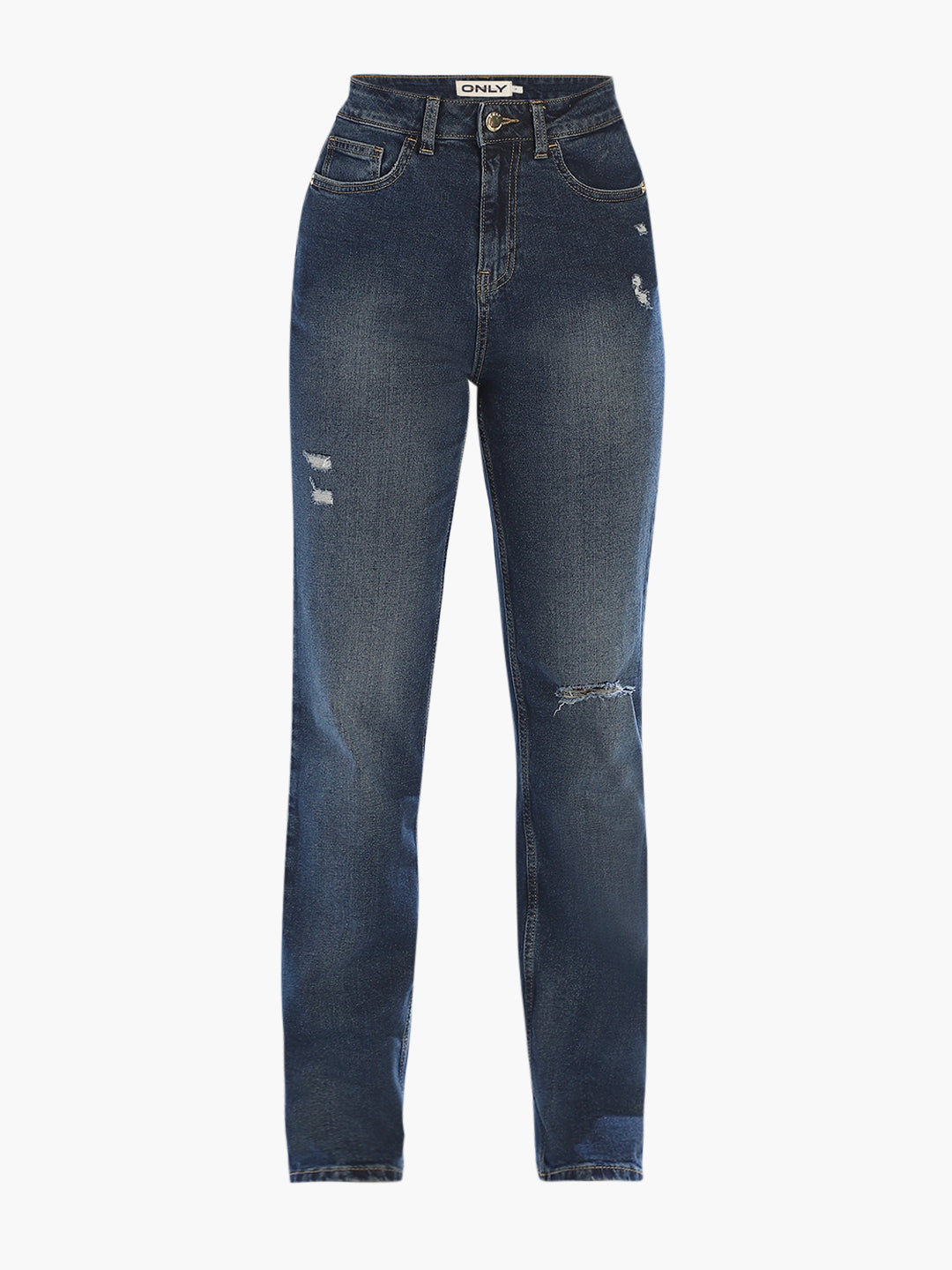 Dark Blue Distressed Straight Fit Jeans