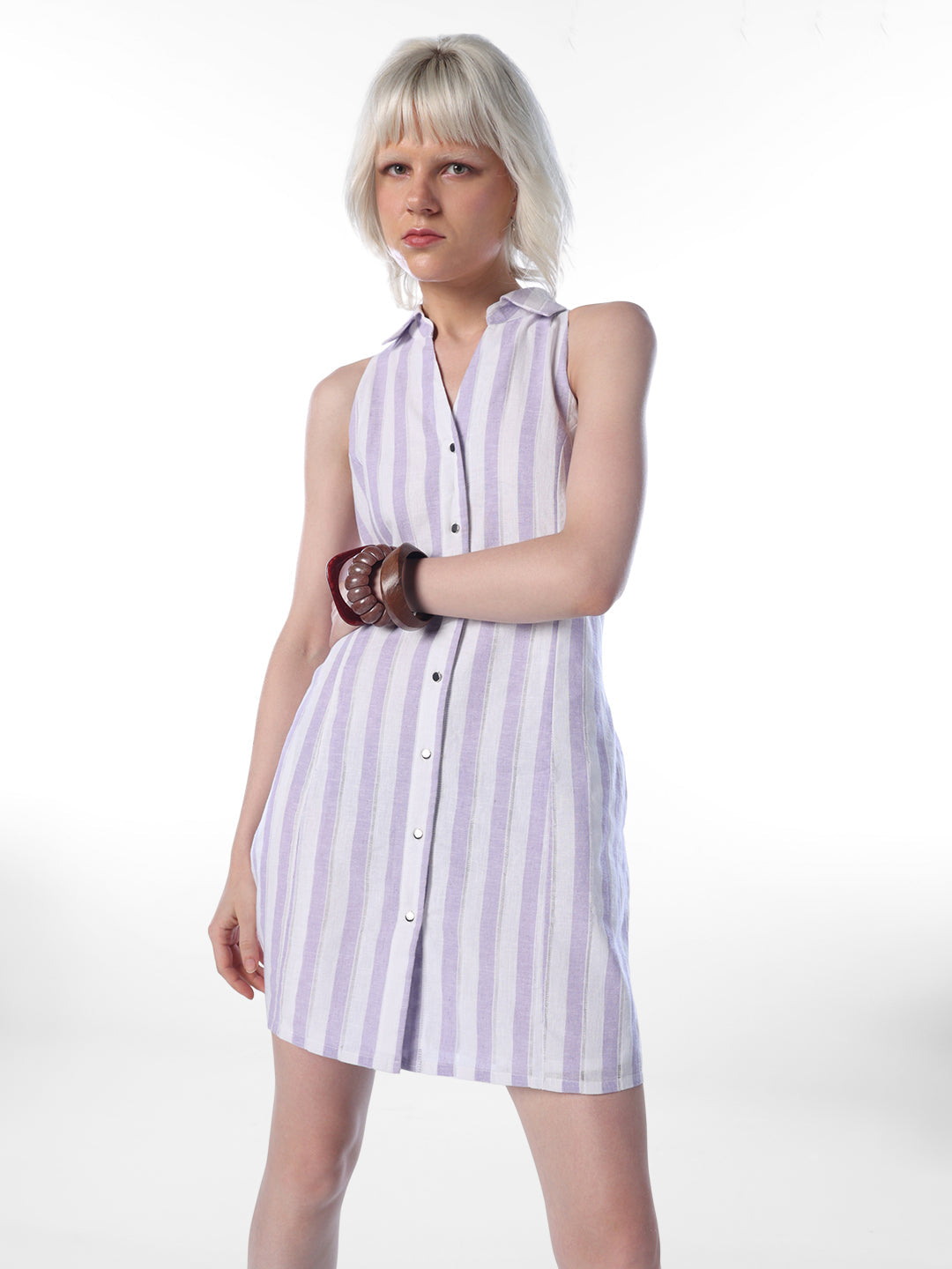 Purple Linen Blend Striped Dress