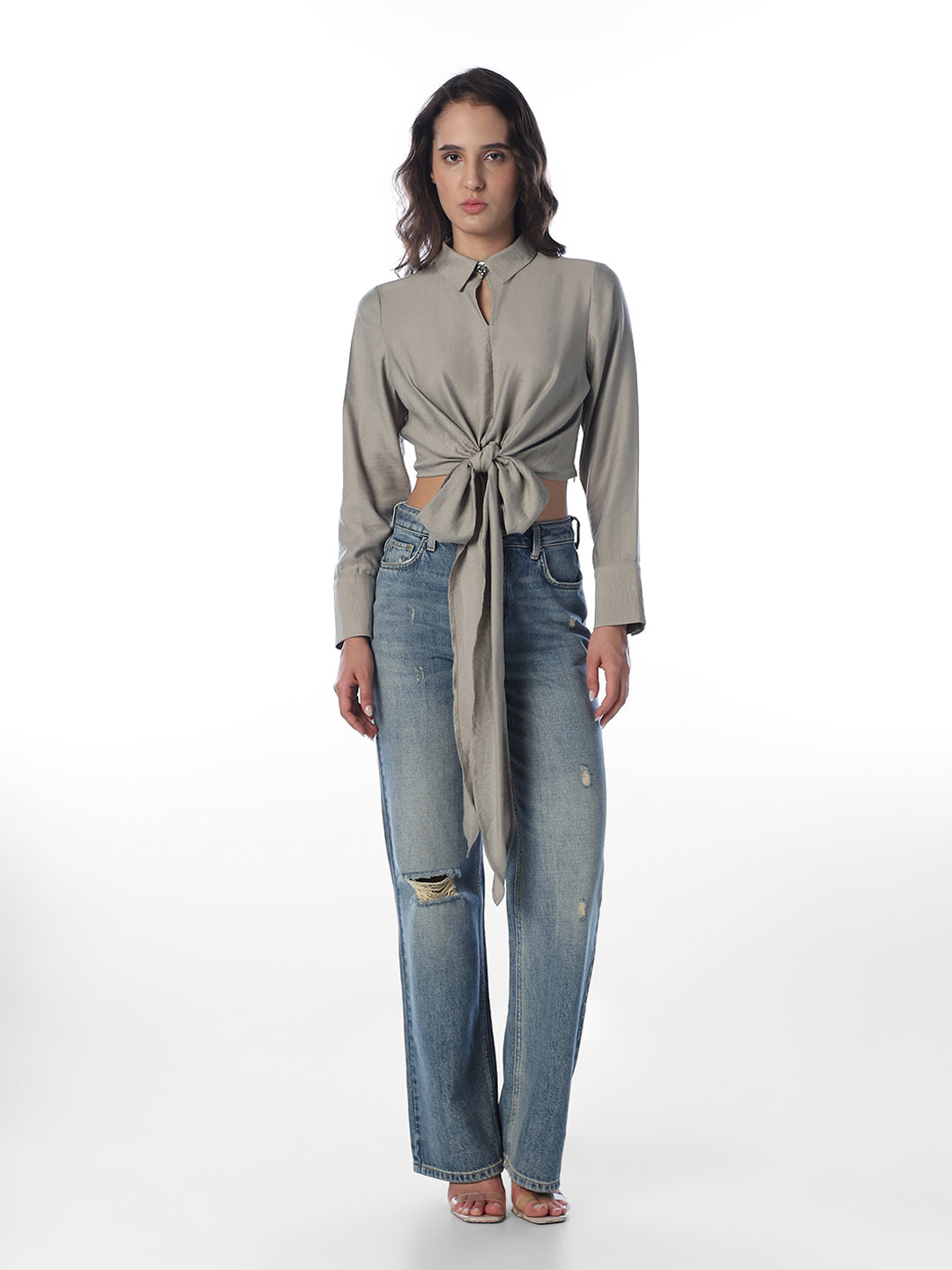 Front Tie Cropped Shirt