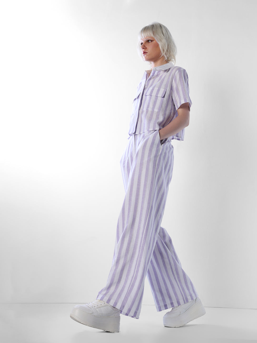 Purple Striped Linen Blend Pants