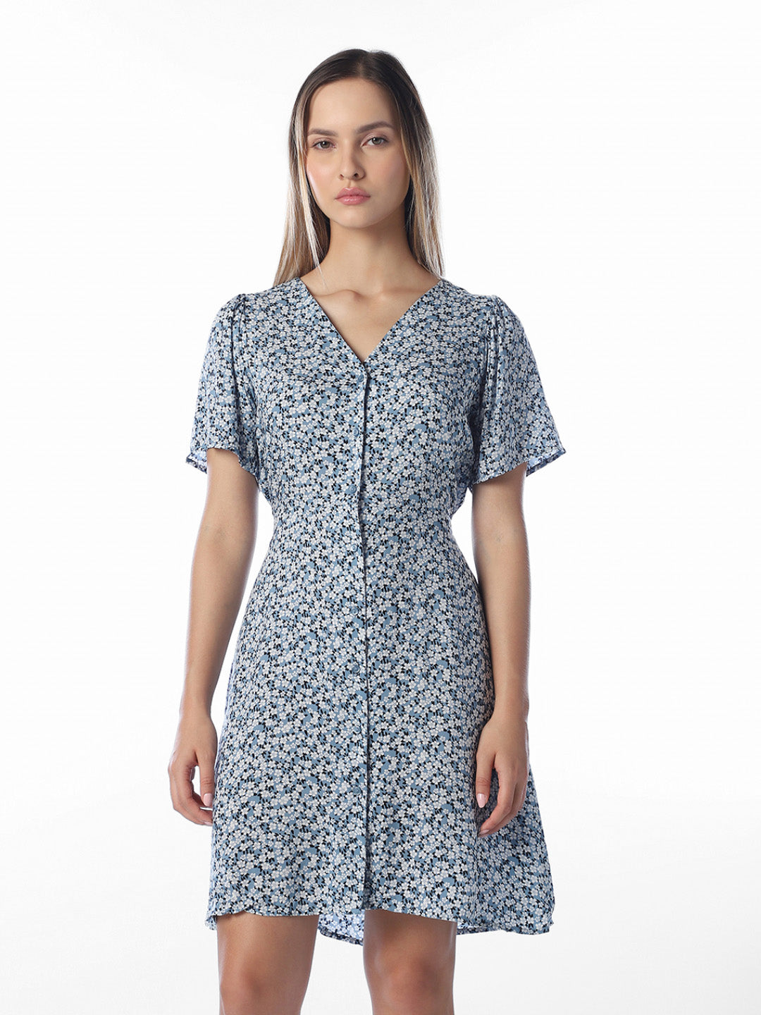 Blue Floral V-Neck Dress