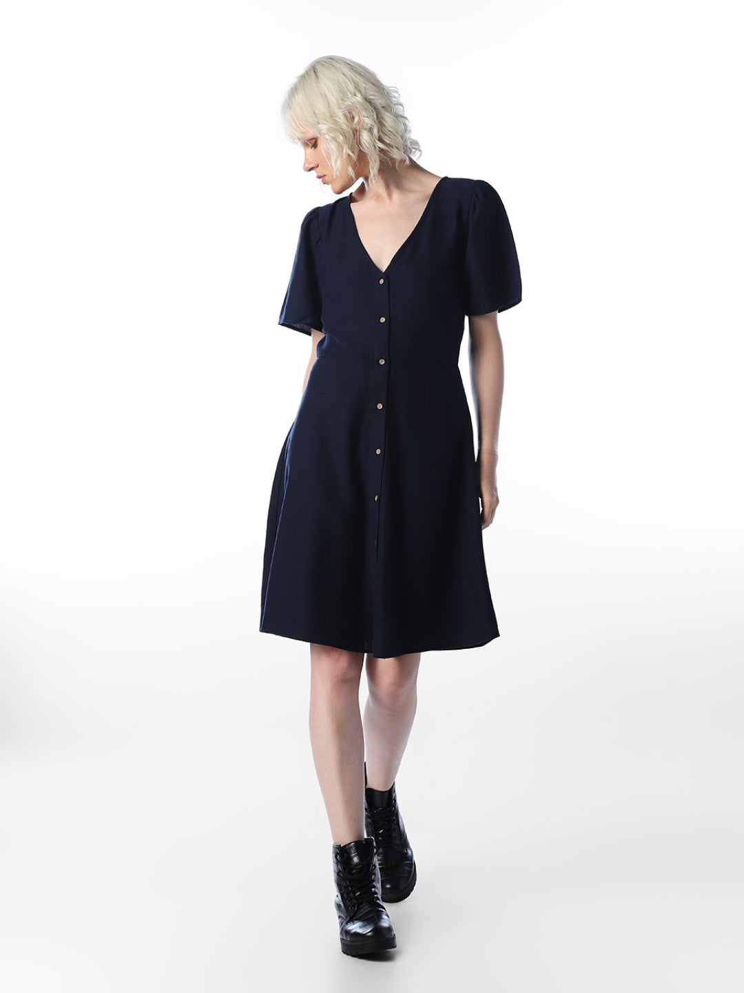 Navy Blue V-Neck Short Dress