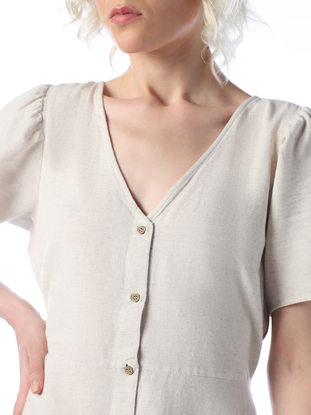 Beige V-Neck Short Dress