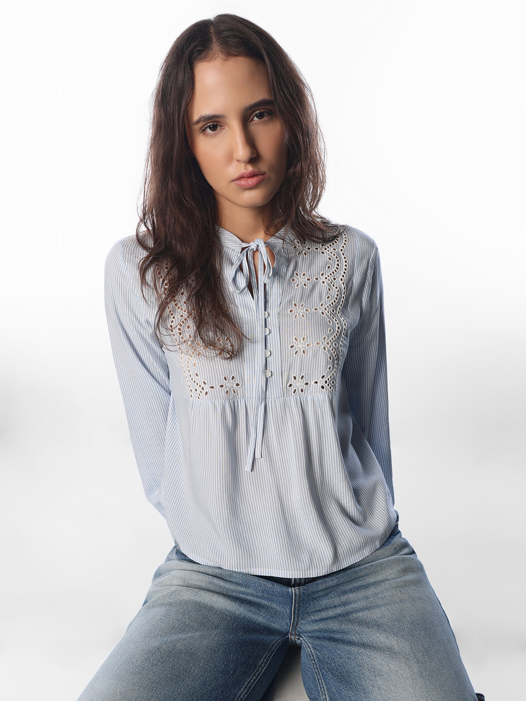 Light Blue Lace V-Neck Top