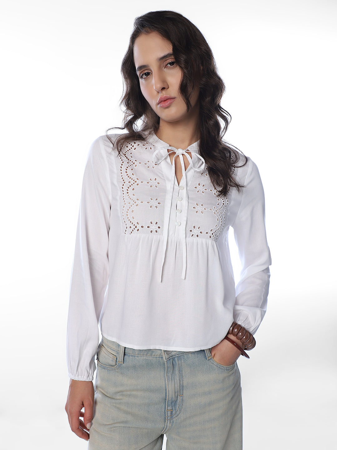 White Embroidered V-Neck Top