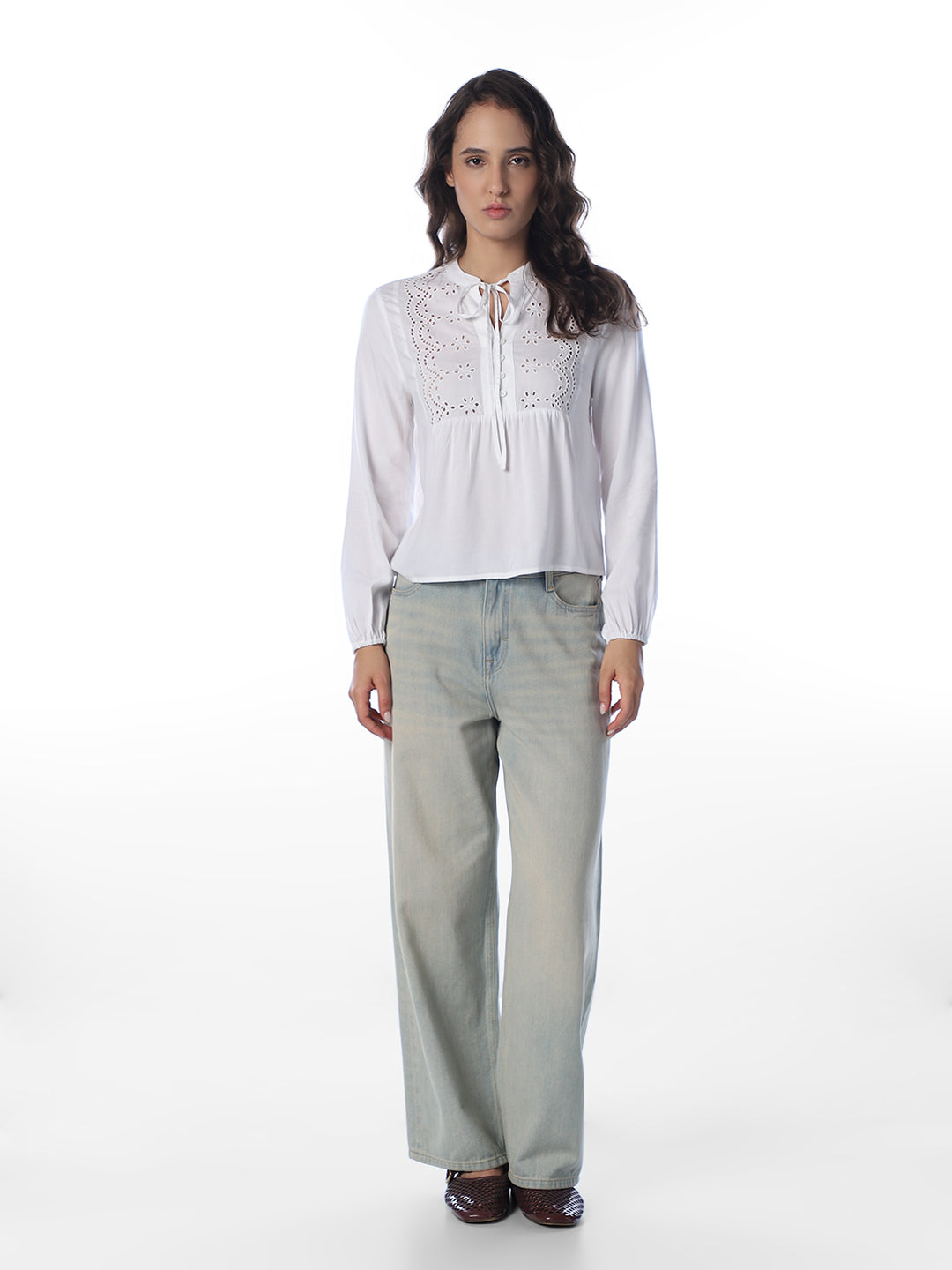 White Embroidered V-Neck Top