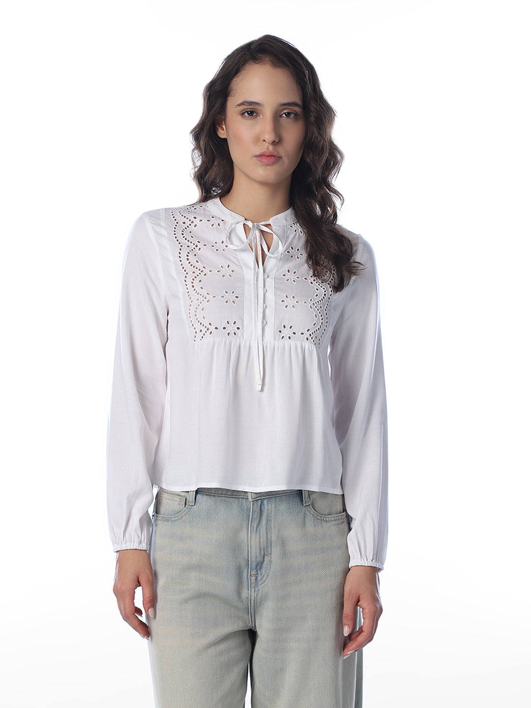 White Embroidered V-Neck Top