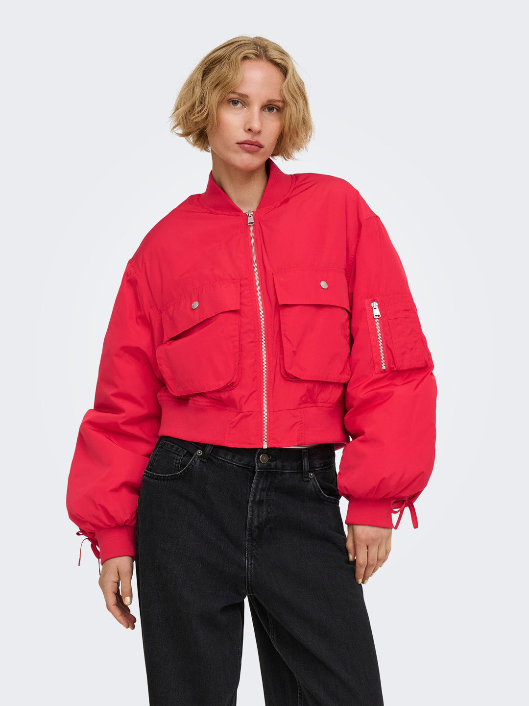 Bright Red Zip Up Bomber Jacket