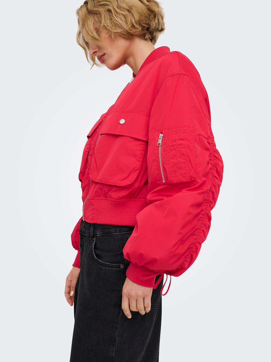 Bright Red Zip Up Bomber Jacket