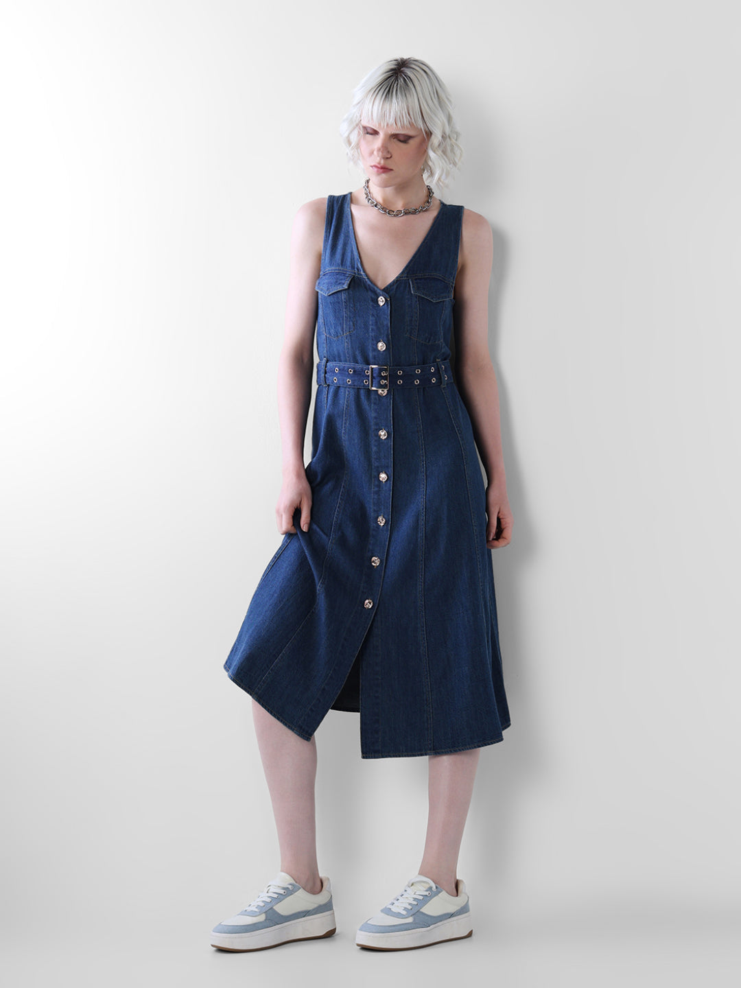 Dark Blue Denim Midi Dress