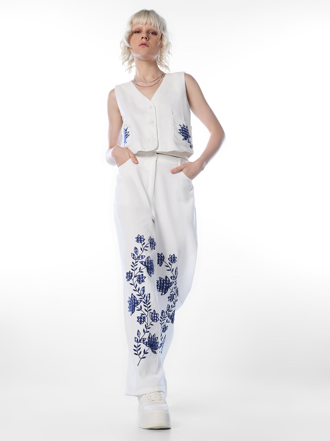 White Embroidered Cotton Pants