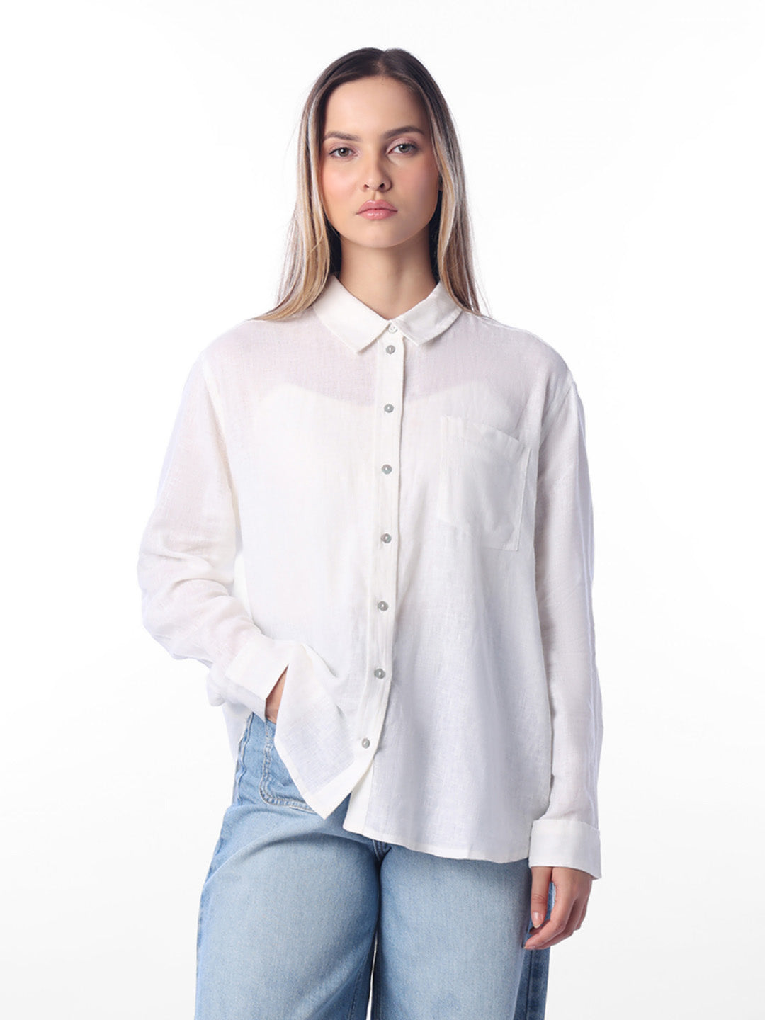 White Linen Blend Shirt