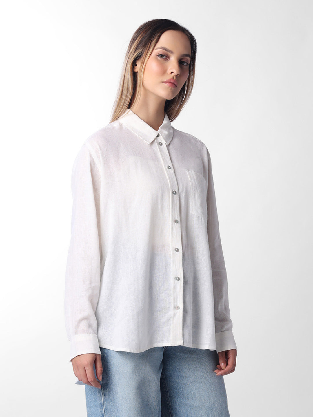 White Linen Blend Shirt