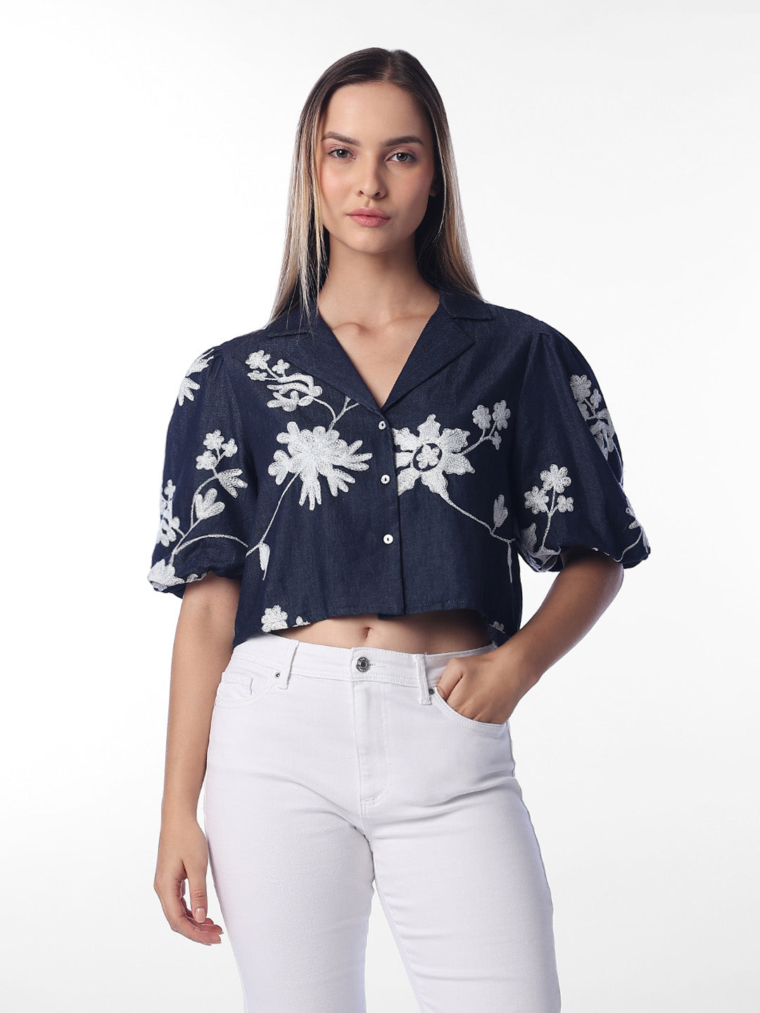 Dark Blue Floral Cropped Shirt